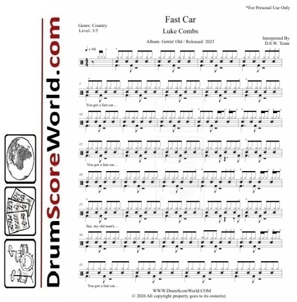 Luke Combs - Fast Car | Drum Sheet